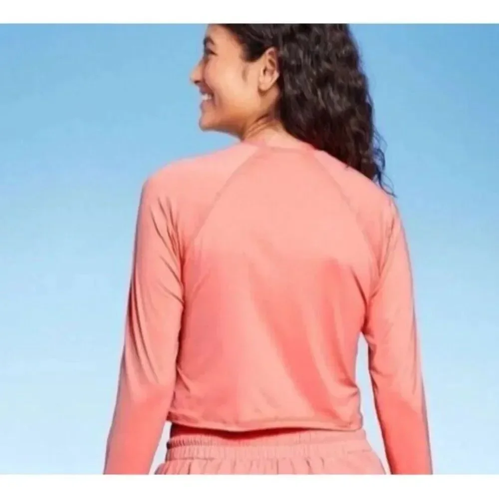 Women's Large 12 -14 Cropped Long Sleeve Top Rash Guard Coral Cover Up NWT $40